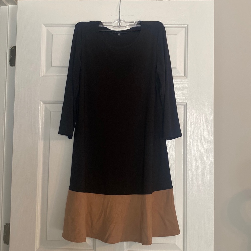 Black dress with tan suede peplum bottom